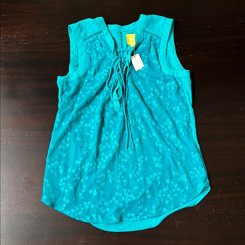 Anthropologie Teal Sleeveless Blouse with Tie in Front